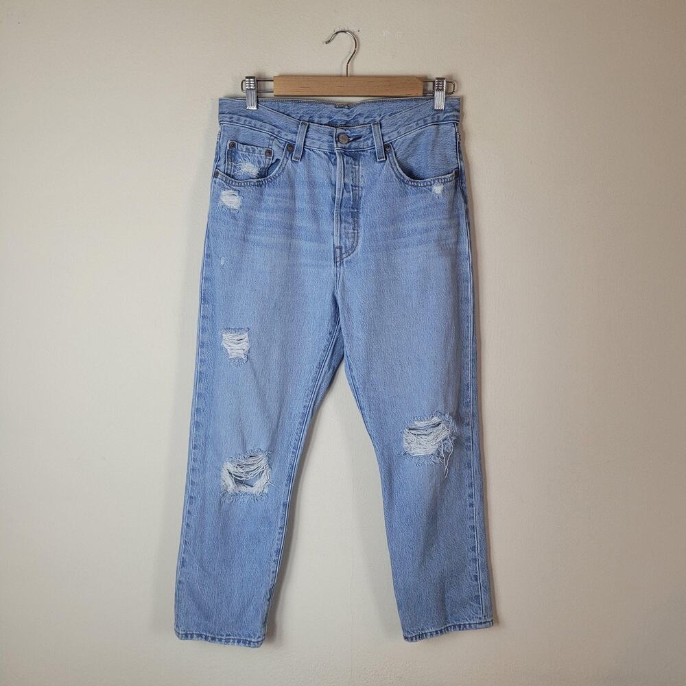 Levis 501 Jeans 28x26 Blue Denim Distressed Original Cropped High Rise Straight